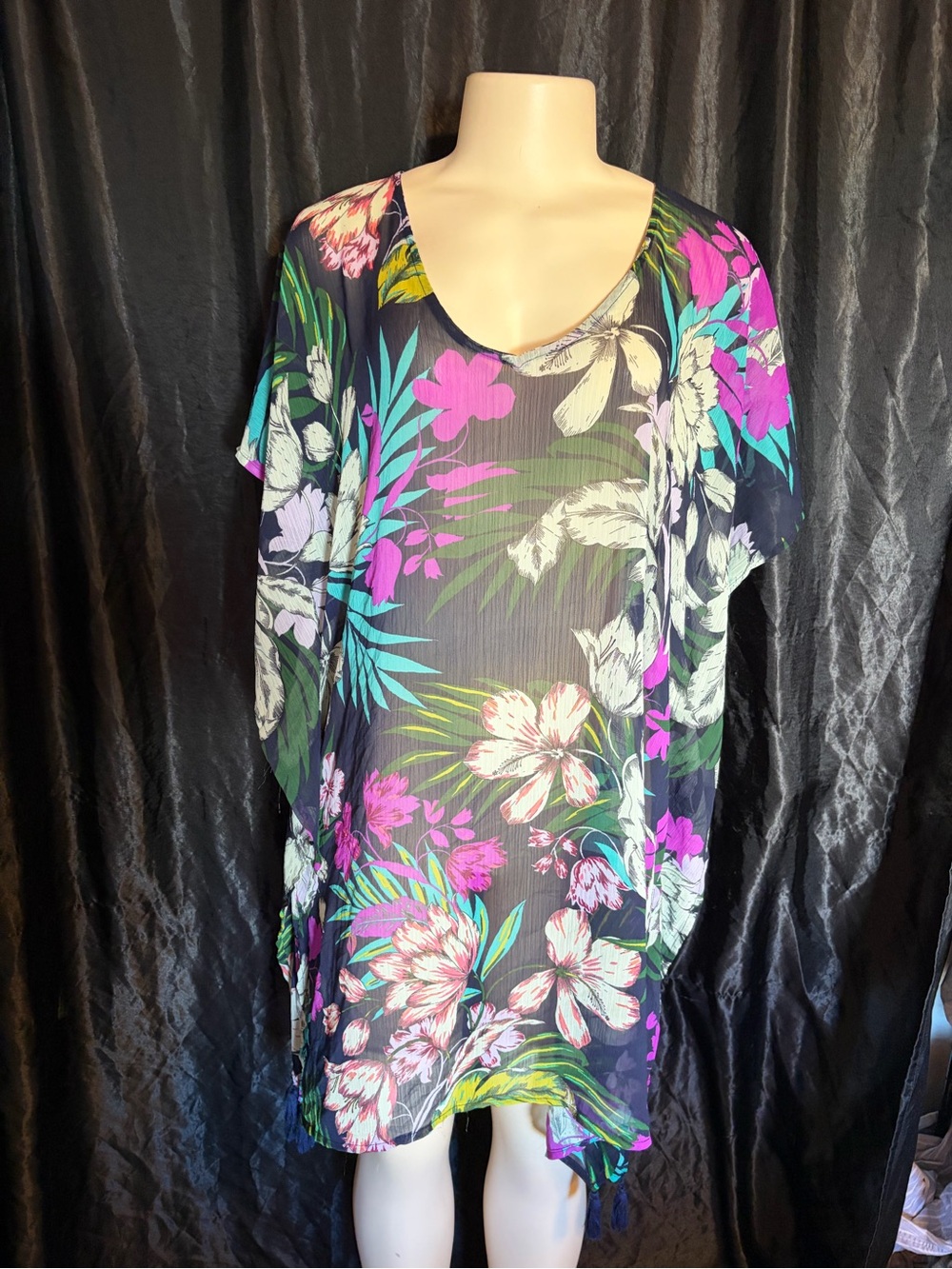 Kona Sol Black Floral Sheer Swim Cover-Up with Pink & Teal Accents